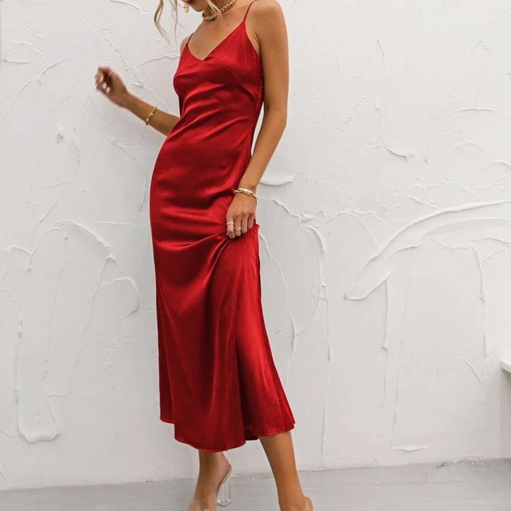 Satin silky v neck cami strap mini slip silk dress holiday party magenta purple - Picture 9 of 10